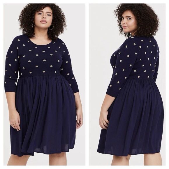 torrid Dresses & Skirts - Torrid Polka Dot Babydoll Sweater Mini Dress Plus Size 6X Navy Blue Gold